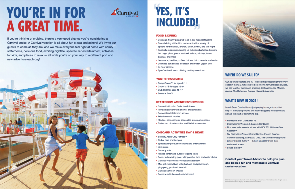 A Cruise Ship Flyer With Information in Color
